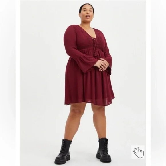torrid Burgundy Gauze Laceup Skater Dress Womens Plus Size 5X NWT - Picture 2 of 6